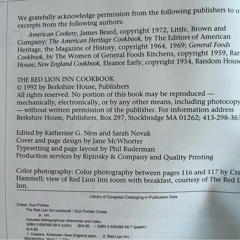 The Red Lion Inn Cookbook by Suzy Forbes Chase 1992